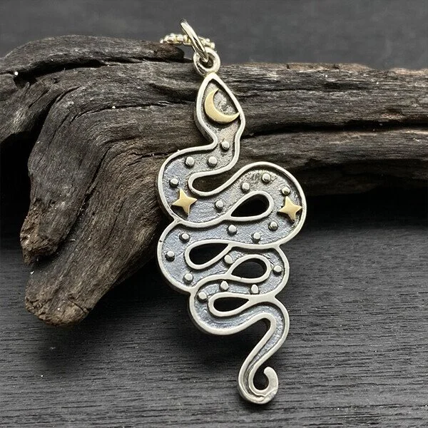 Sterling Silver Moon and Stars Snake Pendant Necklace