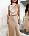 Long Formal Satin Dress Mock Neck High Neck Evening Dress