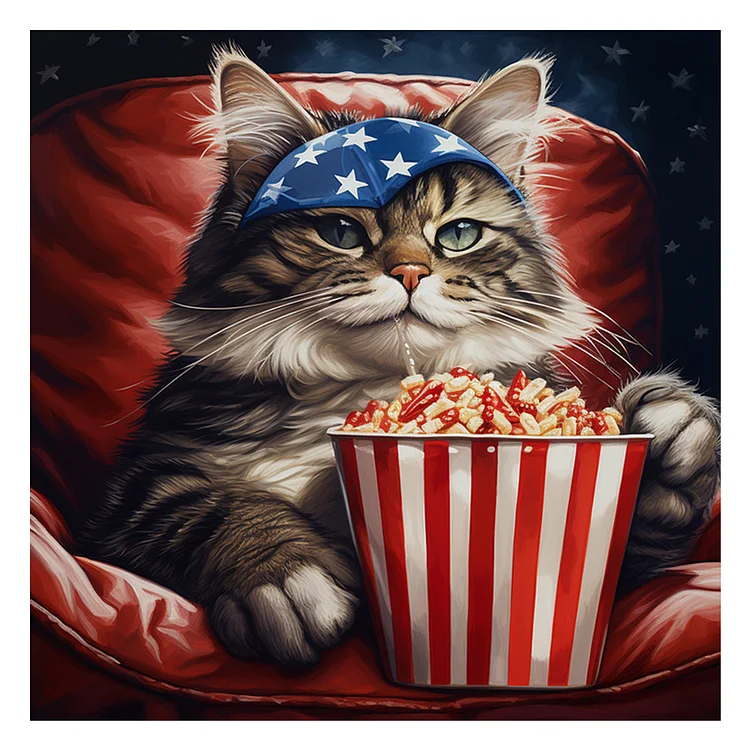Independence Day Popcorn Kitty 40*40CM(Canvas) Full Round Diamond Painting gbfke
