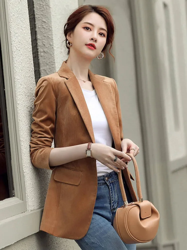 Tlbang Women Blazer Corduroy Long Sleeve Retro Business Work  Temperament Lapel Neck Loose Casual Solid Jackets 2023 New Spring Autumn