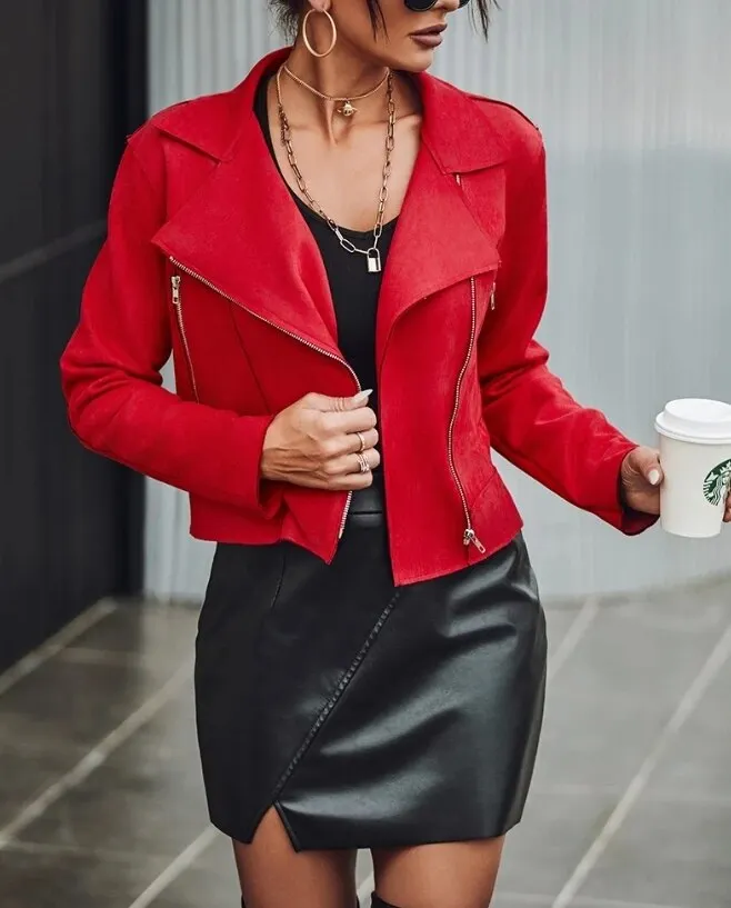 Uveng Micro Suede Zipper Design Biker Jacket Temperament Commuting Female Clothes Women's Casual Long Sleeve Notched Collar Coat
