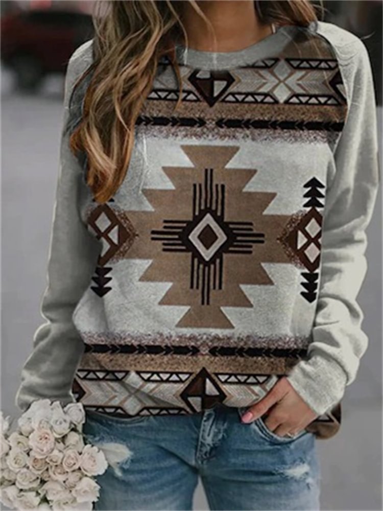 Western Aztec Patchwork Sleeve Sweatshirt