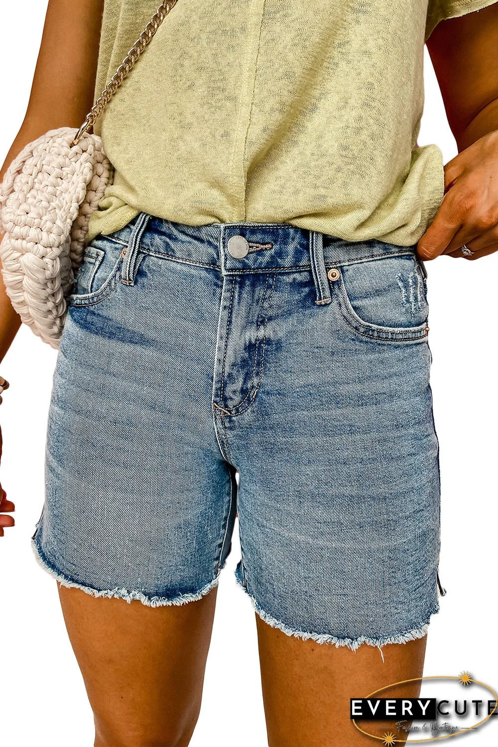 Sky Blue Raw Hem High Waist Denim Shorts