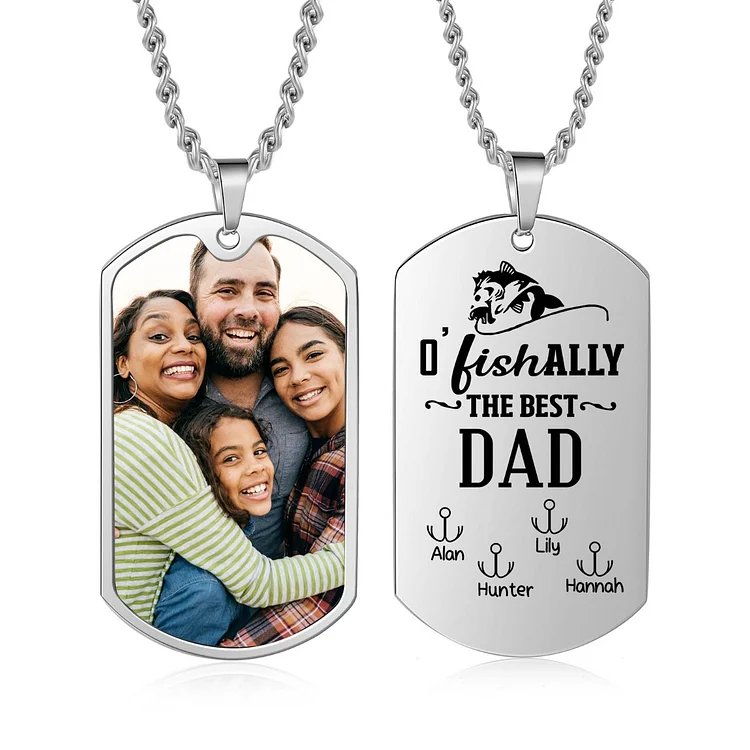 O'Fishally The Best Dad Necklace Custom Photo Dog Tag Necklace with 4 Fishing Hooks