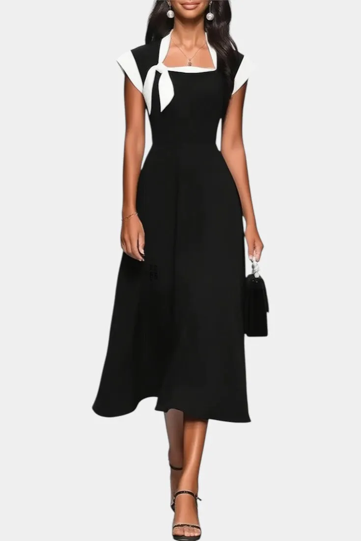 Midi Dress with Collar Bow & Cap Sleeves