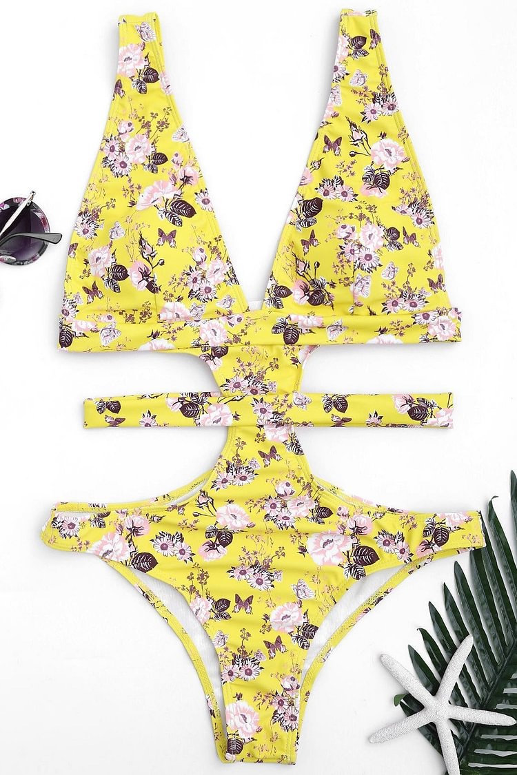Yellow Cutout Plunging Floral Print Bandage Cheeky Sexy Monokini Swimwear - Shop Trendy Women's Clothing | LoverChic
