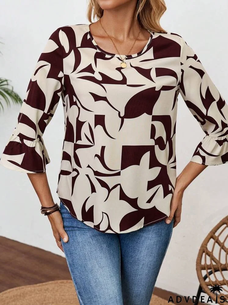 Women's Geometric Pattern Seven-Quarter Sleeve Round-Neck Shirt