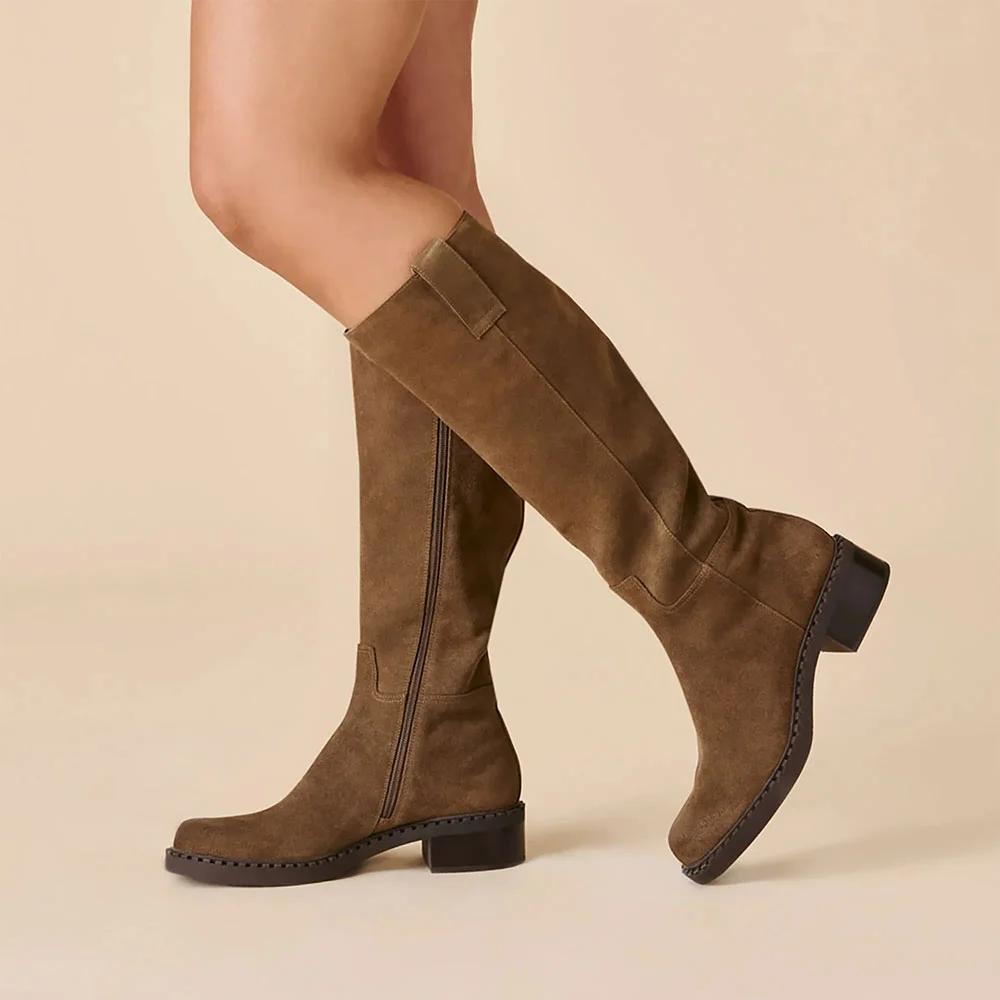 Tan Block Heel Round Toe Vegan Suede Long Fashion Boots for Women