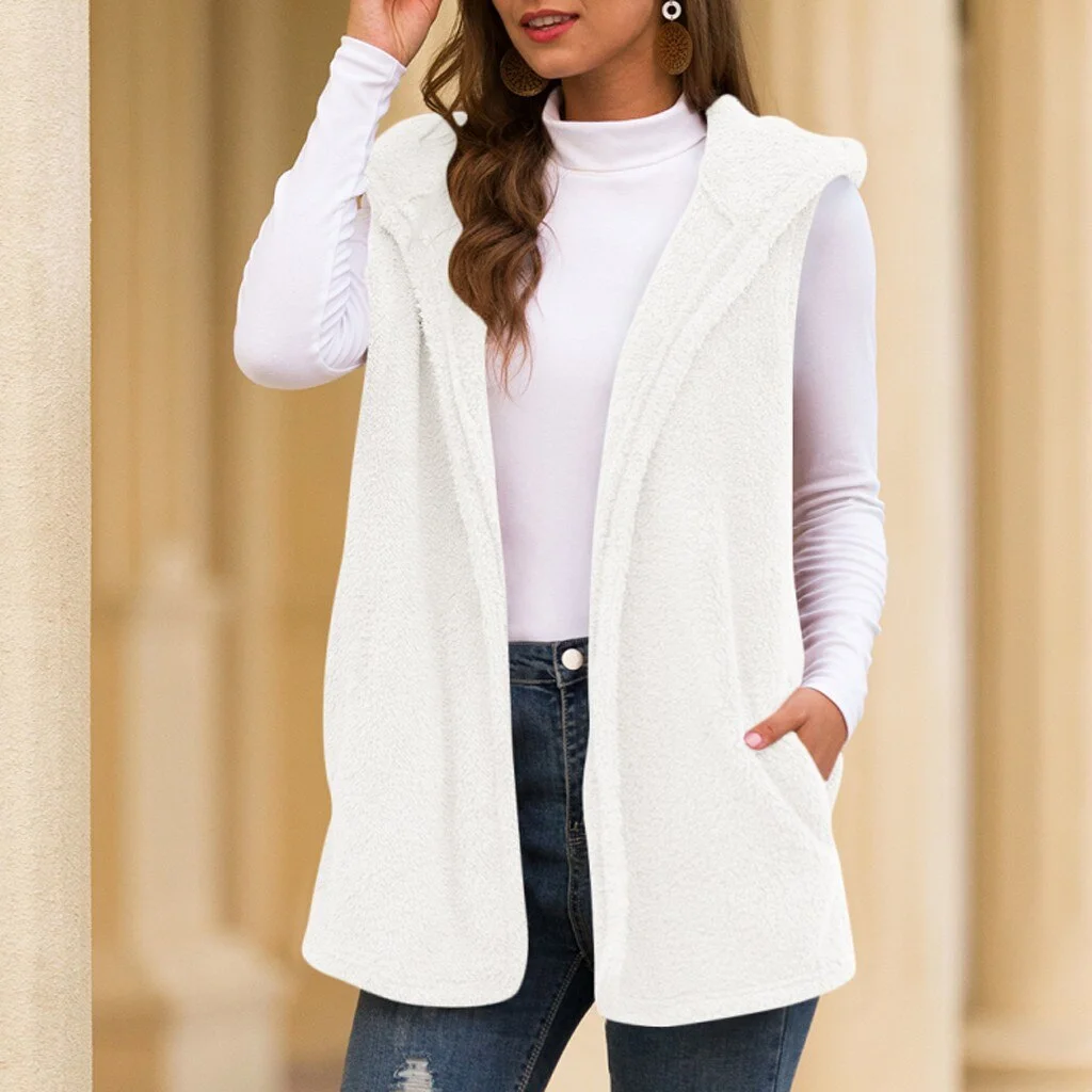 Fluffly Vintage Plush Hooded Wastcoat Vest Coats Sleeveless Warm Cardigan Outwear Teddy Cozy Jacket Fashion Women Autumn Winter