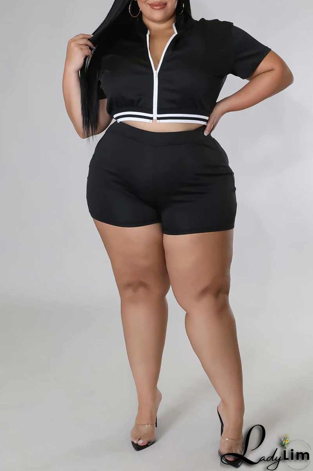 Black Casual Solid Patchwork Zipper Plus Size Two Pieces