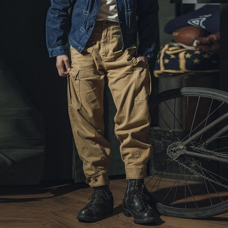 M-64 Thick Denim Motorcycle High Waist Khaki Trousers