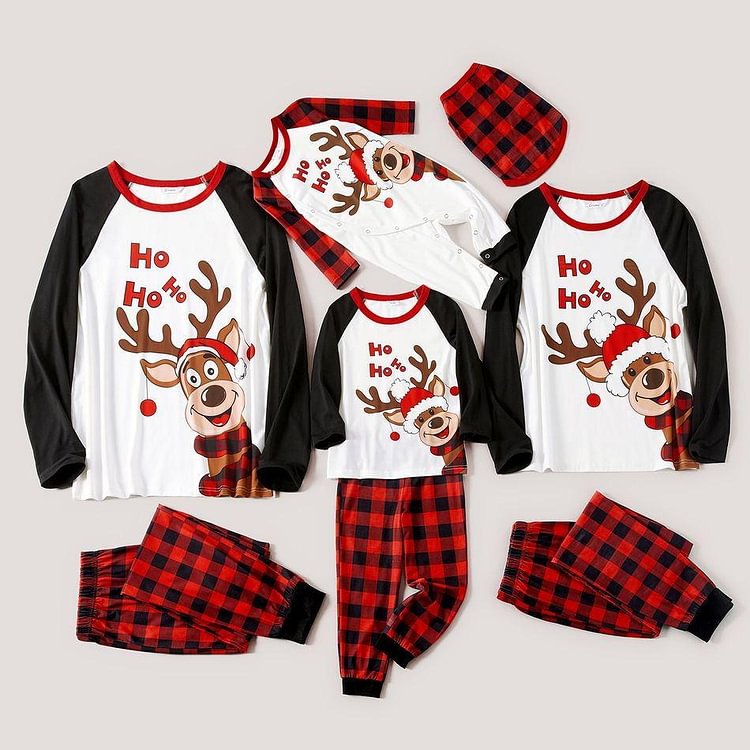Christmas Reindeer and Red Plaid Print Long-sleeve Family Matching Pajamas Set (Flame Resistant)