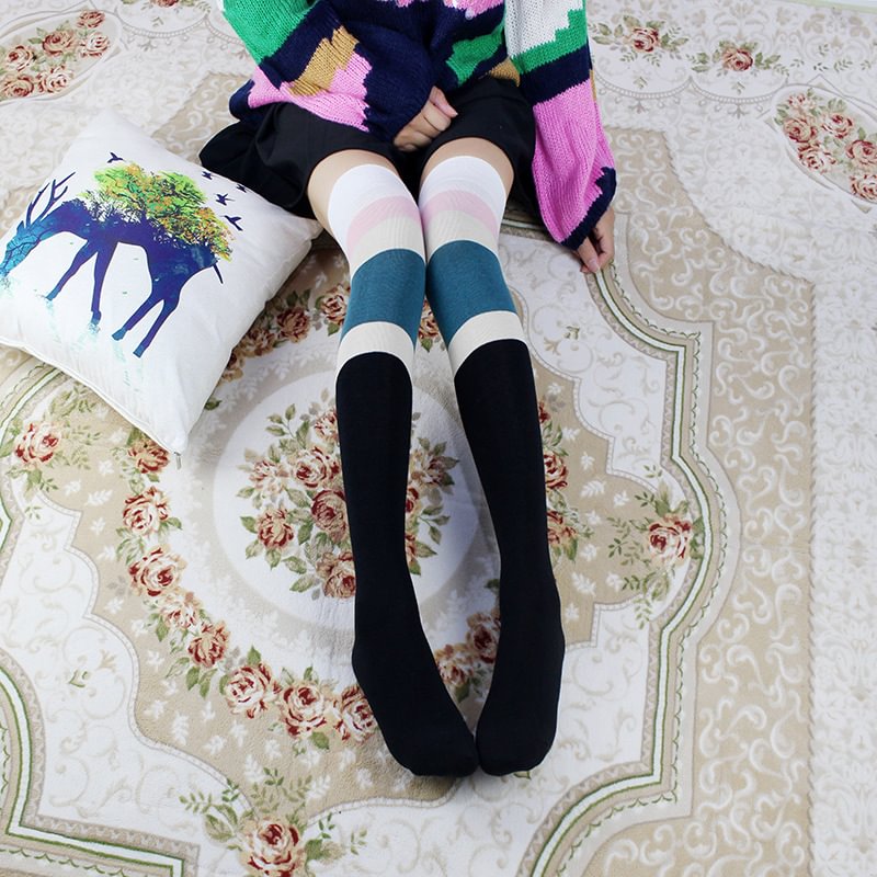  Rainbow pile socks striped thigh high socks