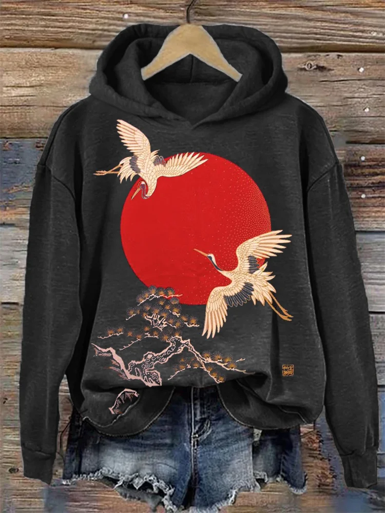 Comstylish Cranes & Sunrise Japanese Art Vintage Hoodie