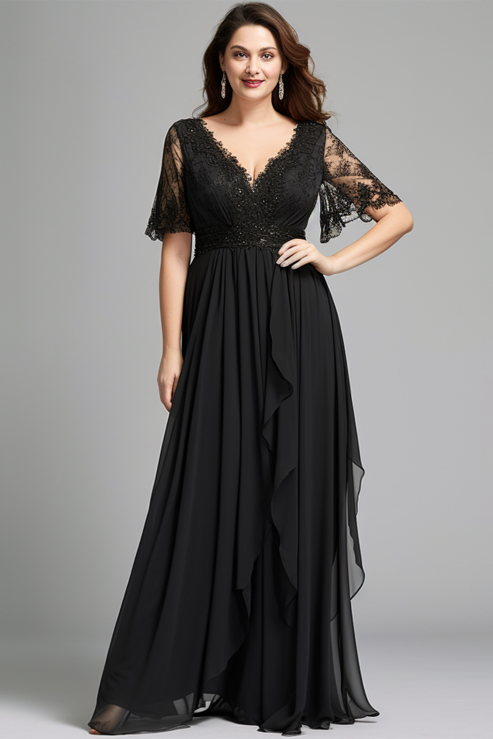Flycurvy Plus Size Mother Of The Bride Black Chiffon V Neck Flutter Sleeve Lace Maxi Dress 2024 - Flycurvy 
