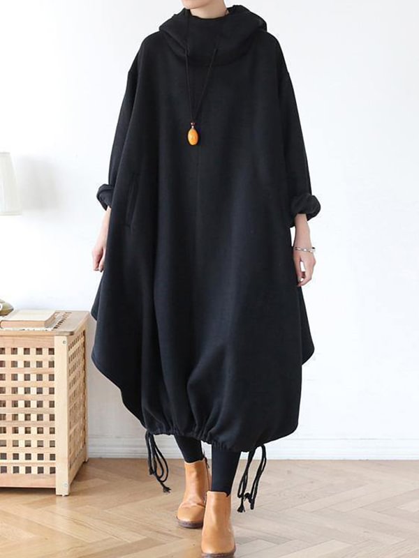 Casual Loose Solid Color Drawstring Hooded Long Sleeves Midi Dress