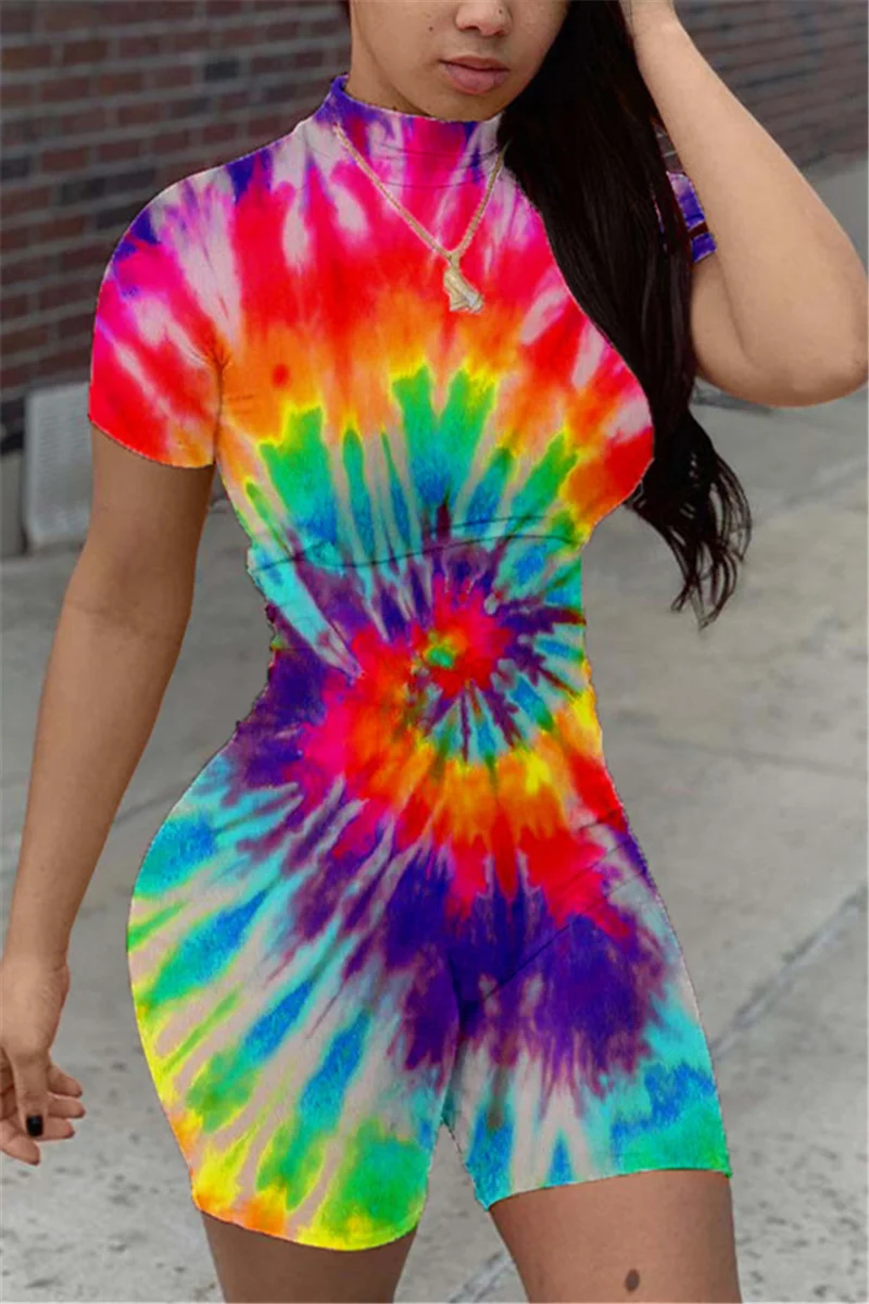 Red Fashion Casual street Print Tie-dyed Short Sleeve O Neck Jumpsuits | EGEMISS
