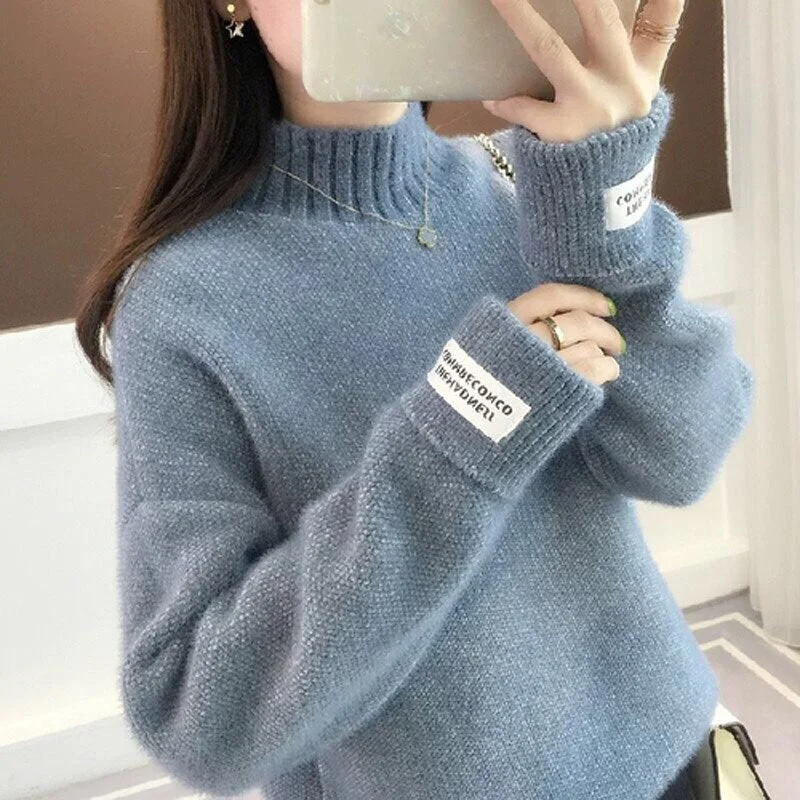 Zoki Women Half Turtleneck Sweater Autumn Loose Wool Pullover Knitted Jumper Long Sleeve Letter Top Casual Warm Ladies Blouse