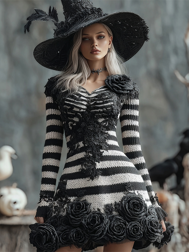 Comstylish Halloween Dark Floral Stripe Artistic Women's Knit V-neck Mini Dress