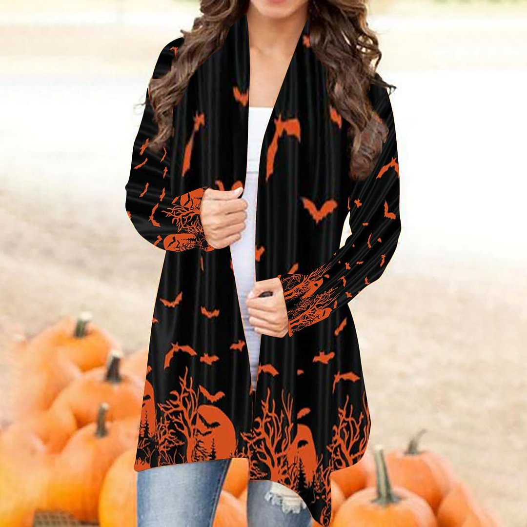 Halloween Horror Tree Monster And Bats Pattern Design Women Black Cardigan Coat