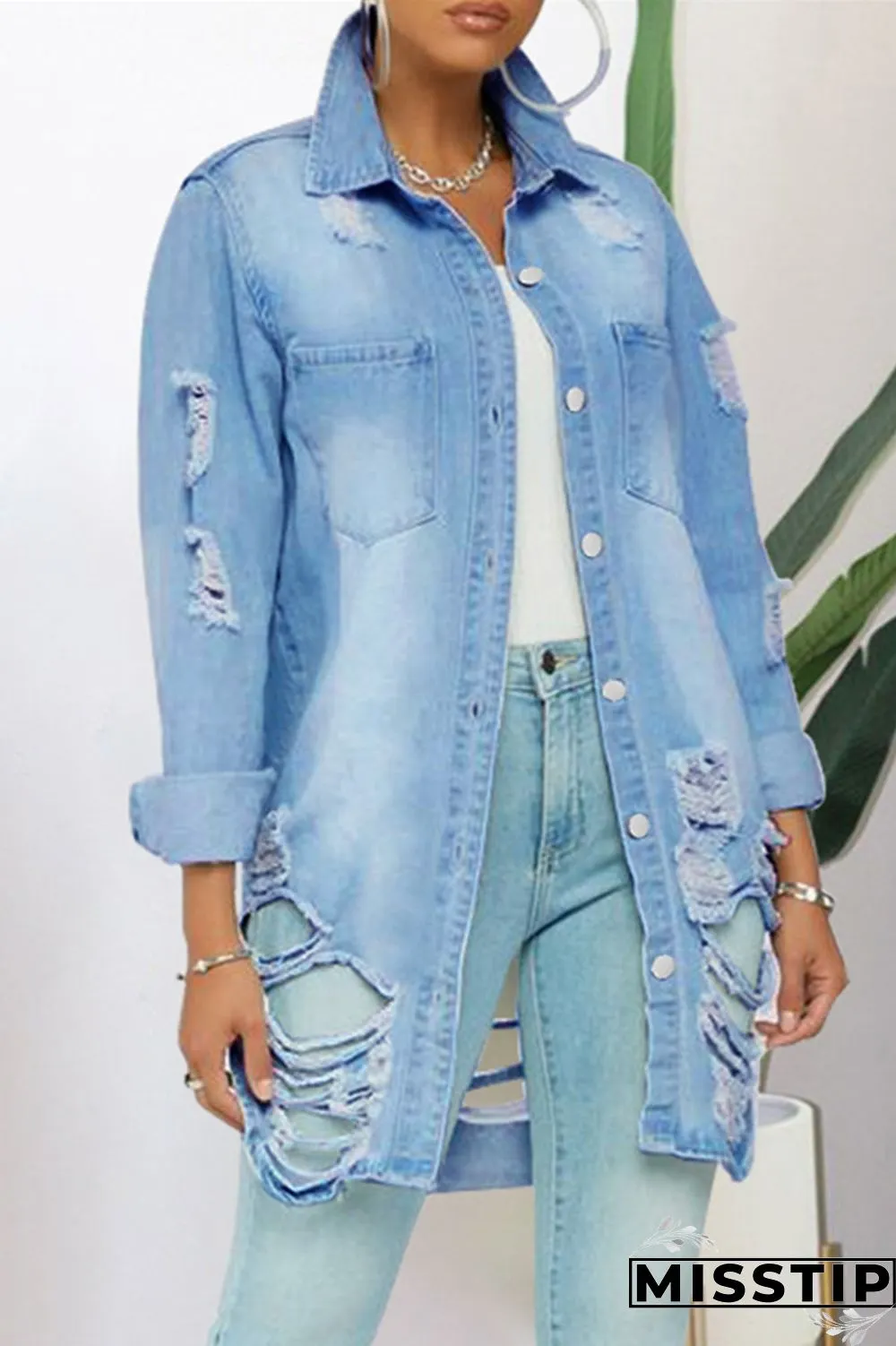 Dark Blue Fashion Casual Solid Ripped Turndown Collar Plus Size Overcoat