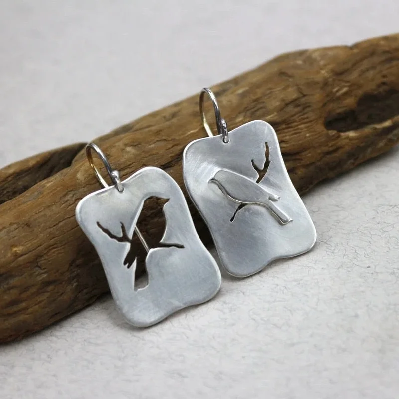 Hand Engraved Asymmetric Bird Hook Drop Earrings for Women In Vintage Square Metal