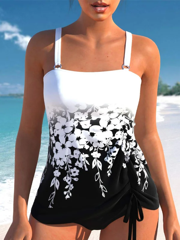 Drawstring Black Floral Print Swimsuit