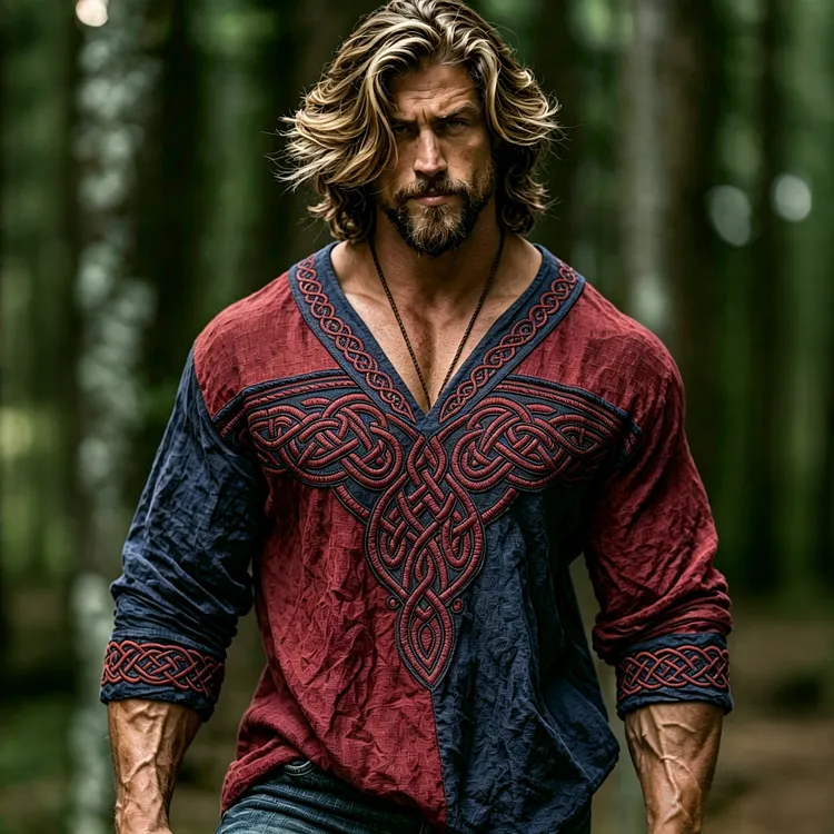 Men's Vintage Viking Celtic Knot Color Blocking Art Casual Linen Blend V-neck T-shirt