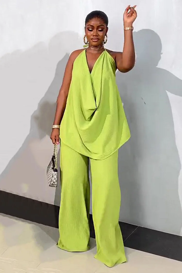 Cowl Neck Halter Top Wide Leg Pants Solid Vacation 2pcs Set-Green [Pre Order]