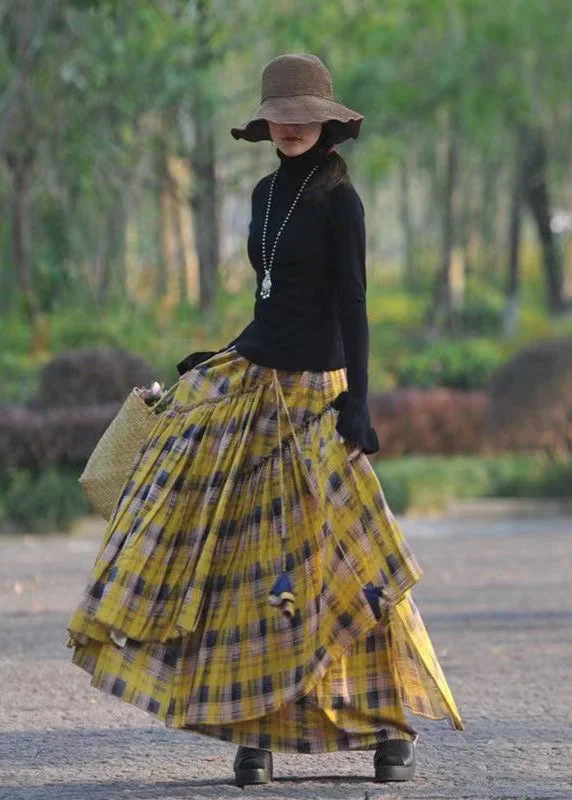 Original Yellow Wrinkled Plaid Patchwork Cotton Asymmetrical Skirt Spring
