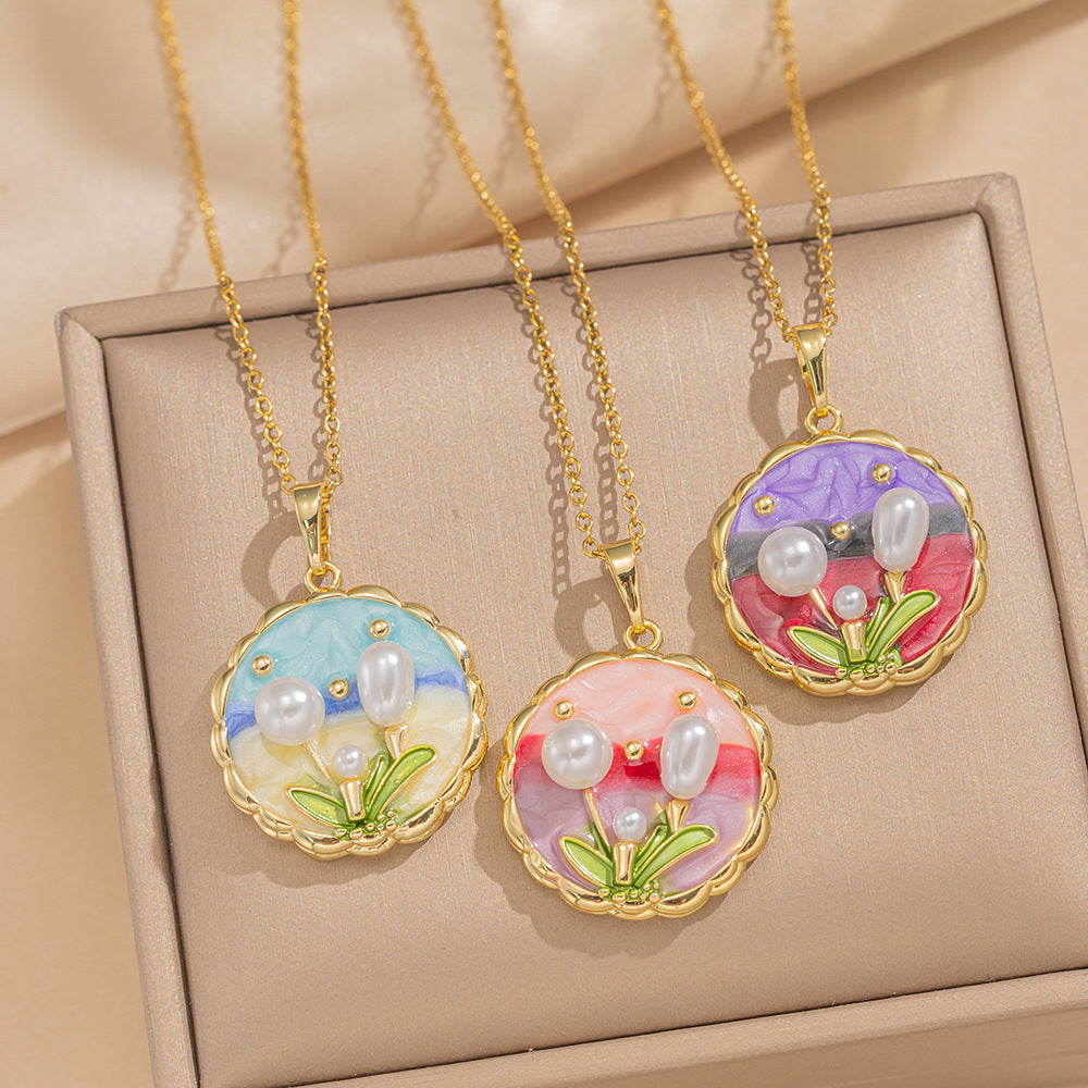 French Retro Oil Drop Baroque Freshwater Pearl Enamel High-Grade Painted Flower Pendant Necklace