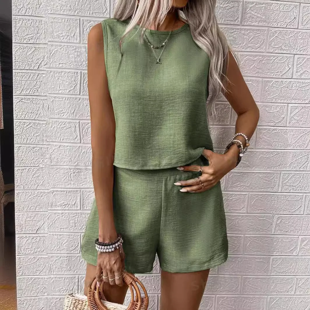 Women's Sleeveless Tank Tops Vest with Wide Leg Pockets Short Pants Suits 2 Piece Sets Outfits