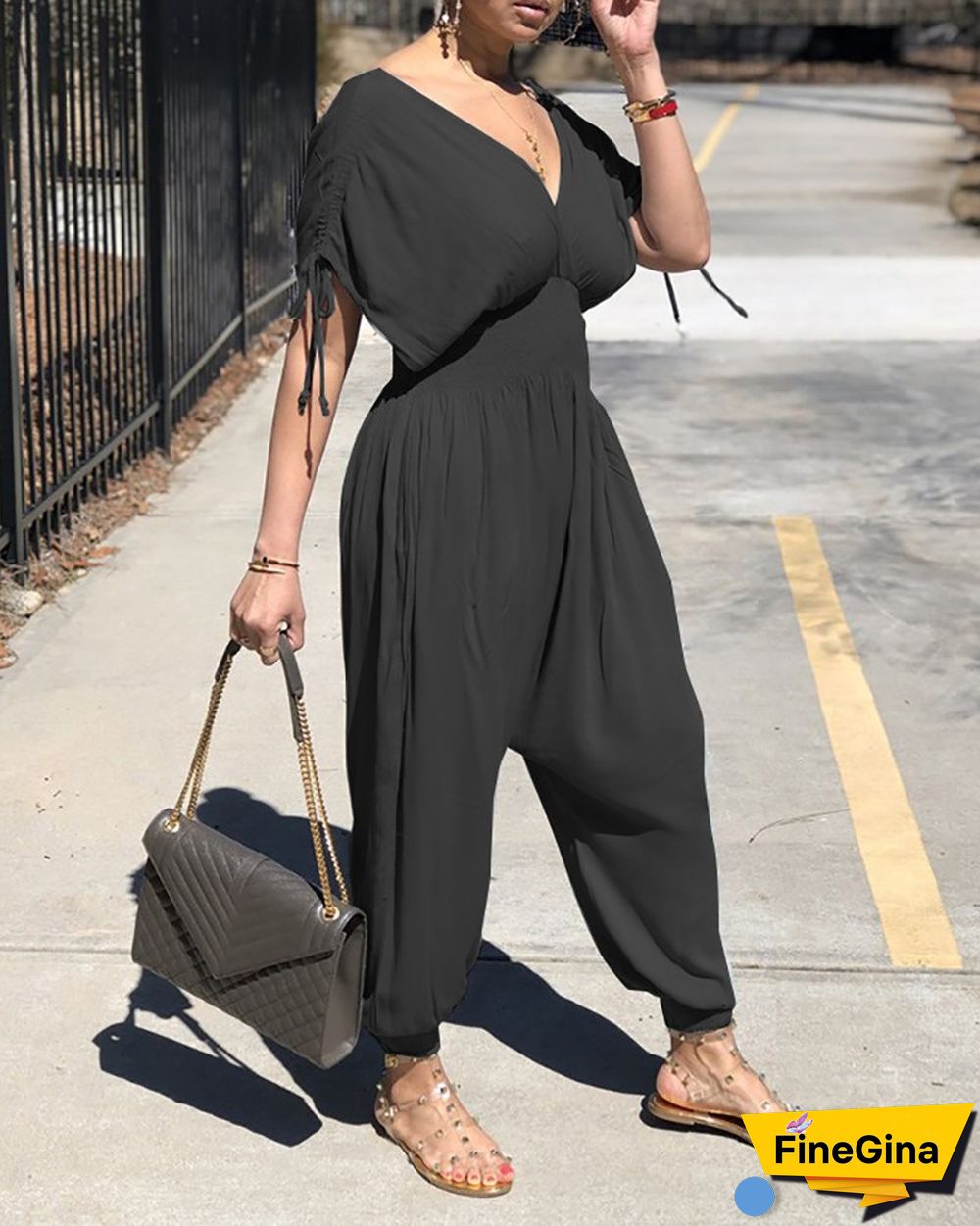 Drawstring Ruched Shirring Waist Jumpsuit