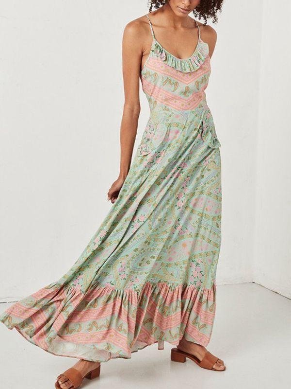 Summer Holiday Floral Print Ruffled Pocket Backless Dress