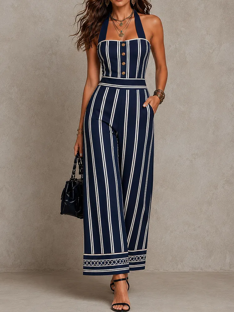 Retro Boho Navy Striped Halter Wide-Leg Jumpsuit