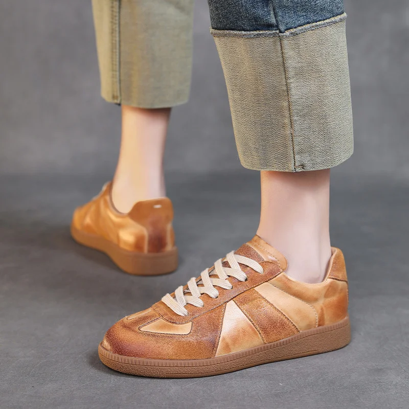 Yyvonne Layer Of Cowhide Leather Hand Retro Training Casual Shoes Spring And Autumn New Round Head Flat Soft Bottom Tie