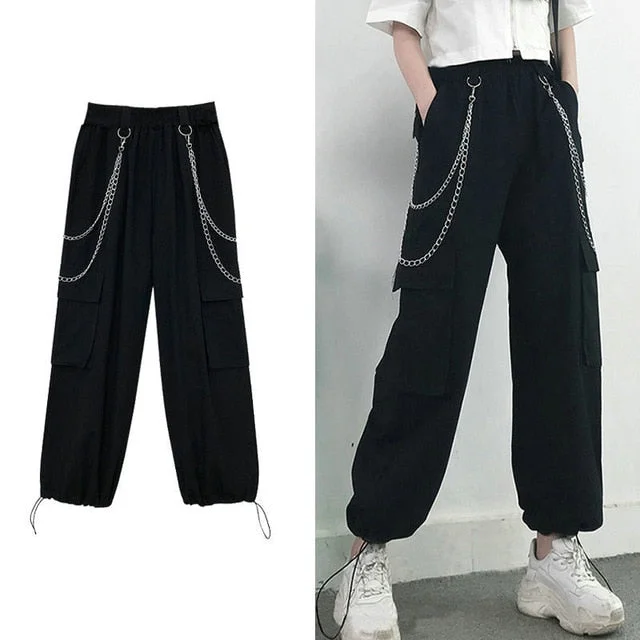 Korean Style Cargo Pants Casual Joggers Black High Waist BE104