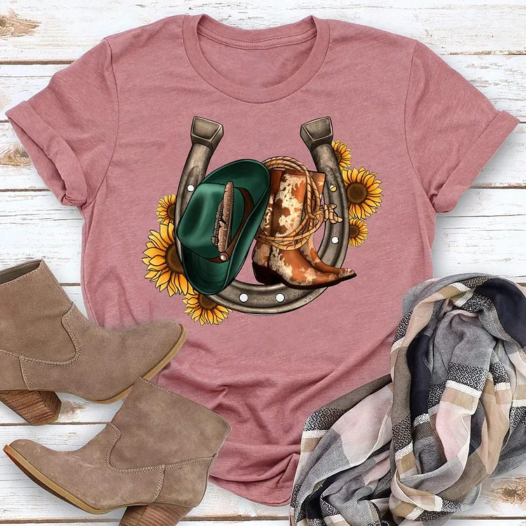 Western Boot Sunflower Round Neck T-shirt-018312