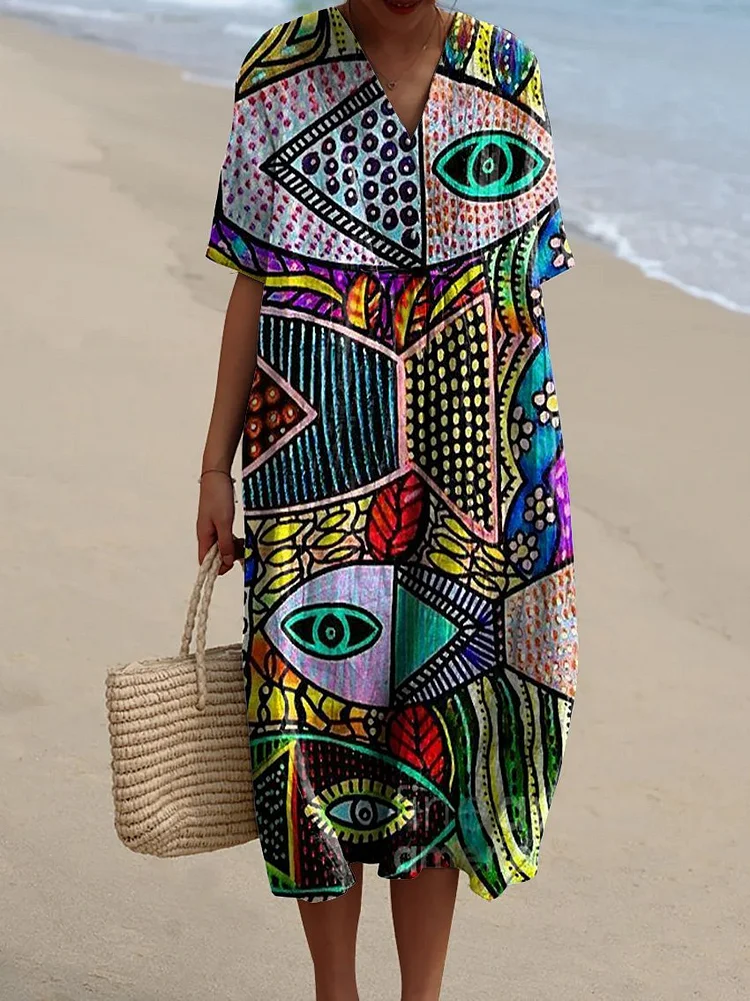 Women's Patterned Fish Watercolor Splash Fluid Art Print Flowy Dress