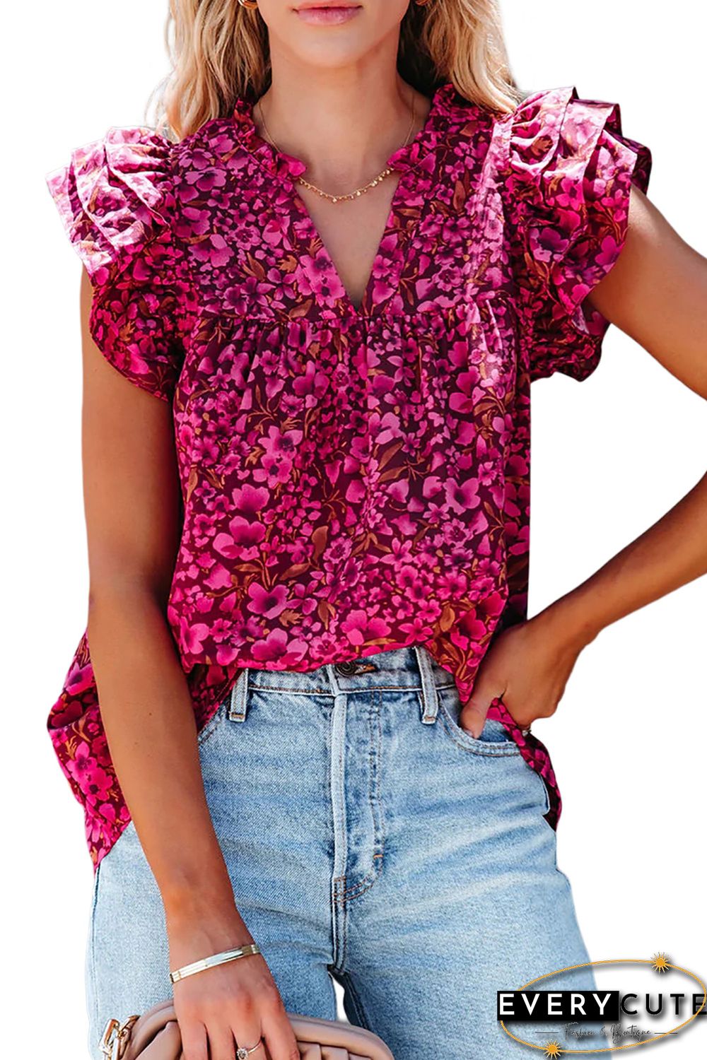 Rose Floral Print Tiered Flutter Sleeve V Neck Top