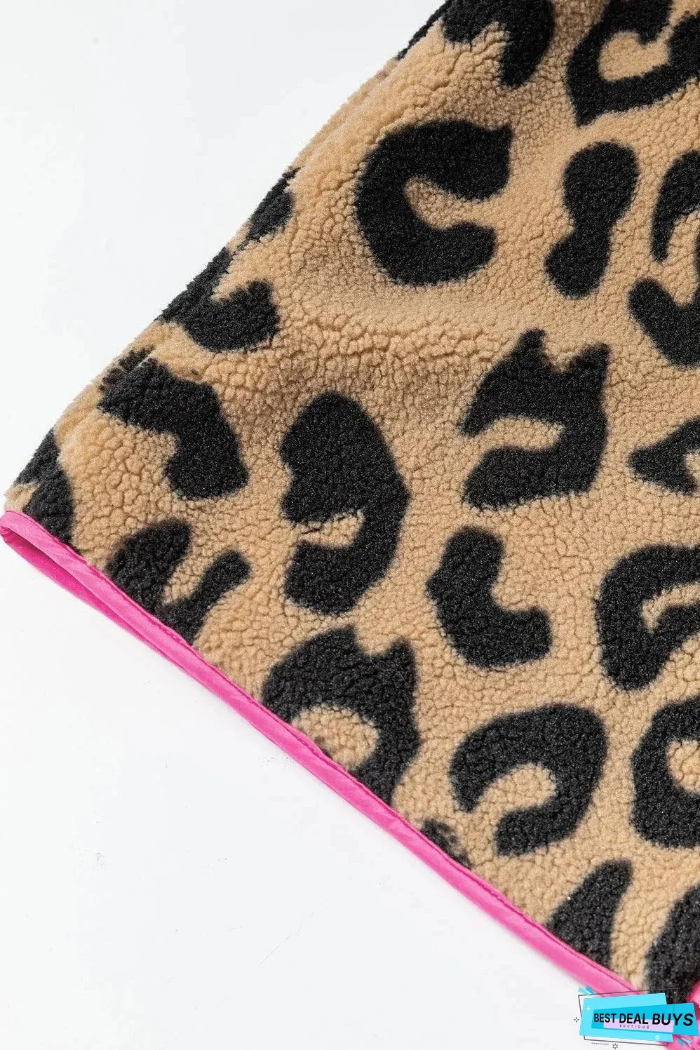 Leopard Colorblock Pocket Zipper Fuzzy Fleece Jacket