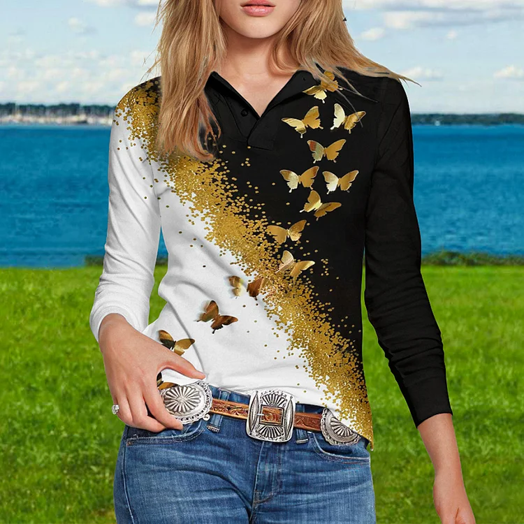 Vefave Stand Collar Gold Butterfly Print Long Sleeves POLO Shirt