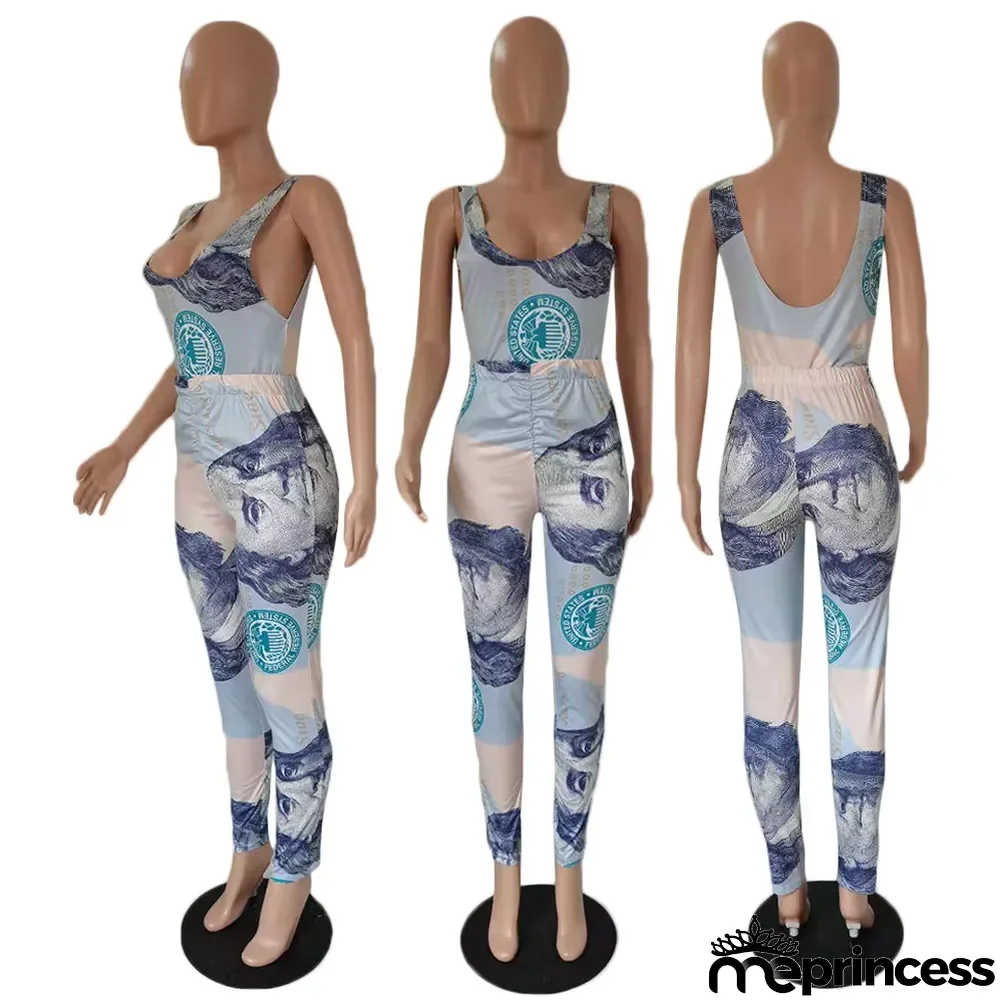 Dollar Print Vest And Pants Two Piece Set