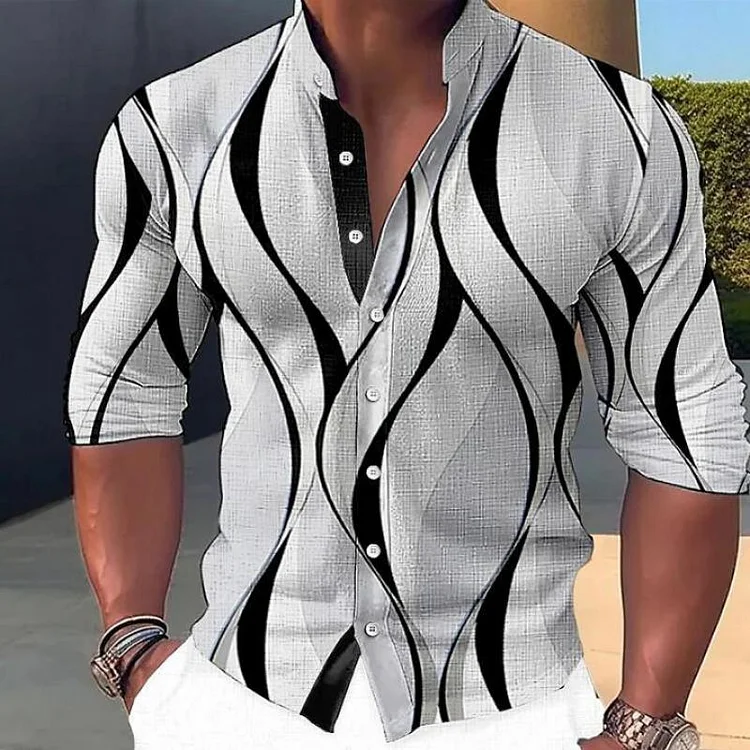 Men's Geometric Pattern Printed Casual Stand Collar Long Sleeve Shirt 45291973L