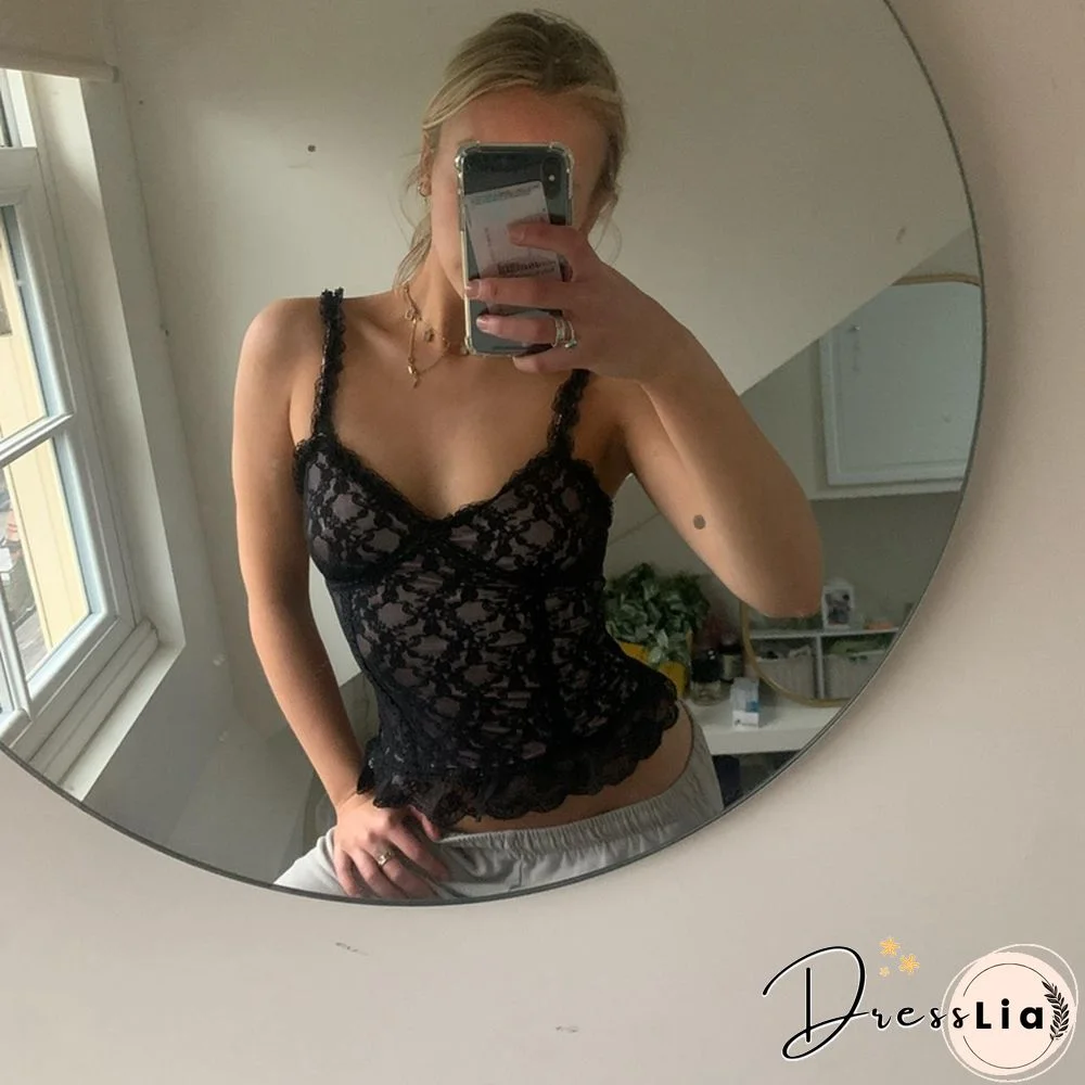 Grunge Fairy Core Crop Top Vintage Aesthetic Women V Neck Lace Camisole E Girl Tanks Punk Cyber Y2k Gothic Camis