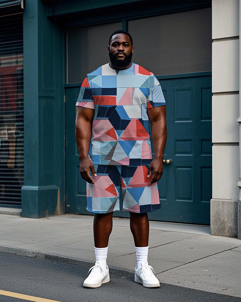 Men's Colorful Geometric Pattern Color Block Printed Big Size Short Sleeve T-Shirt and Shorts Set