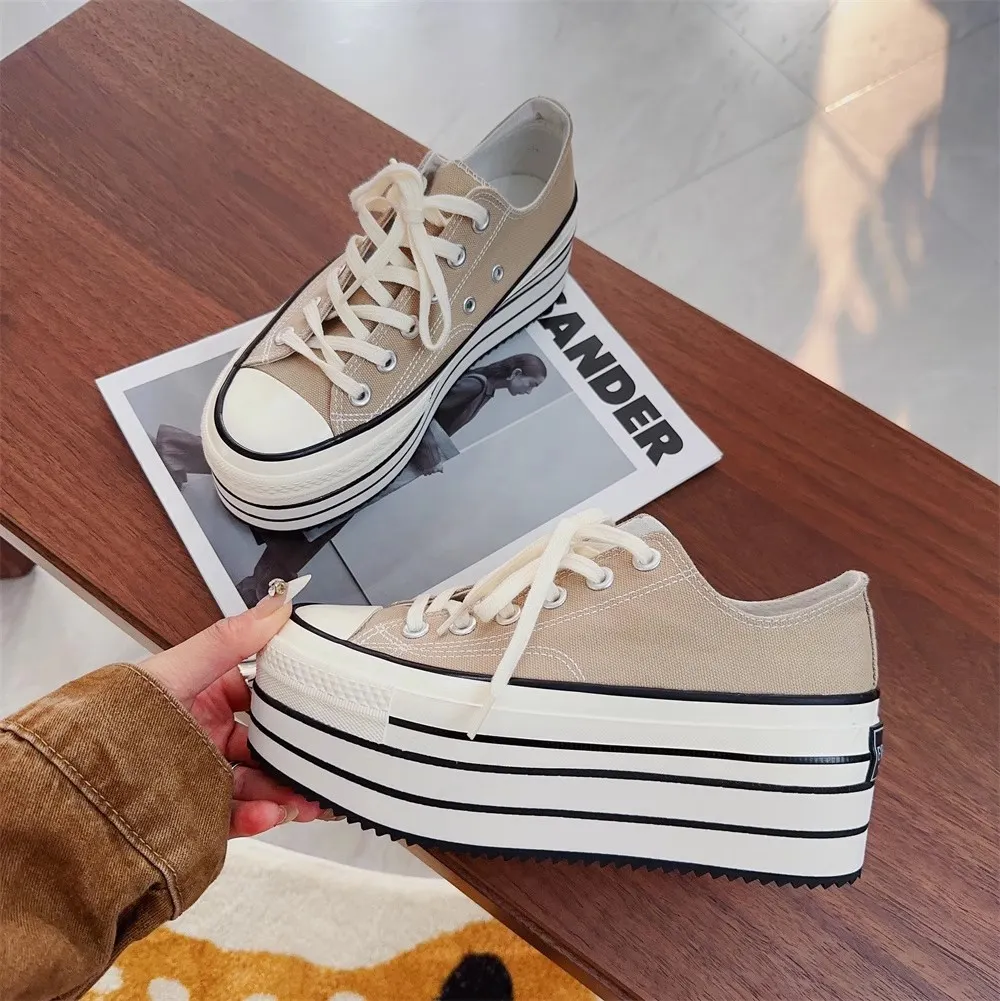 VCshoes Women Milk Tea Canvas Shoes Woman High Thick Wedges Heels Pumps Lady Dress Party Shoes Round Toe 32-47 Stripe Splicing