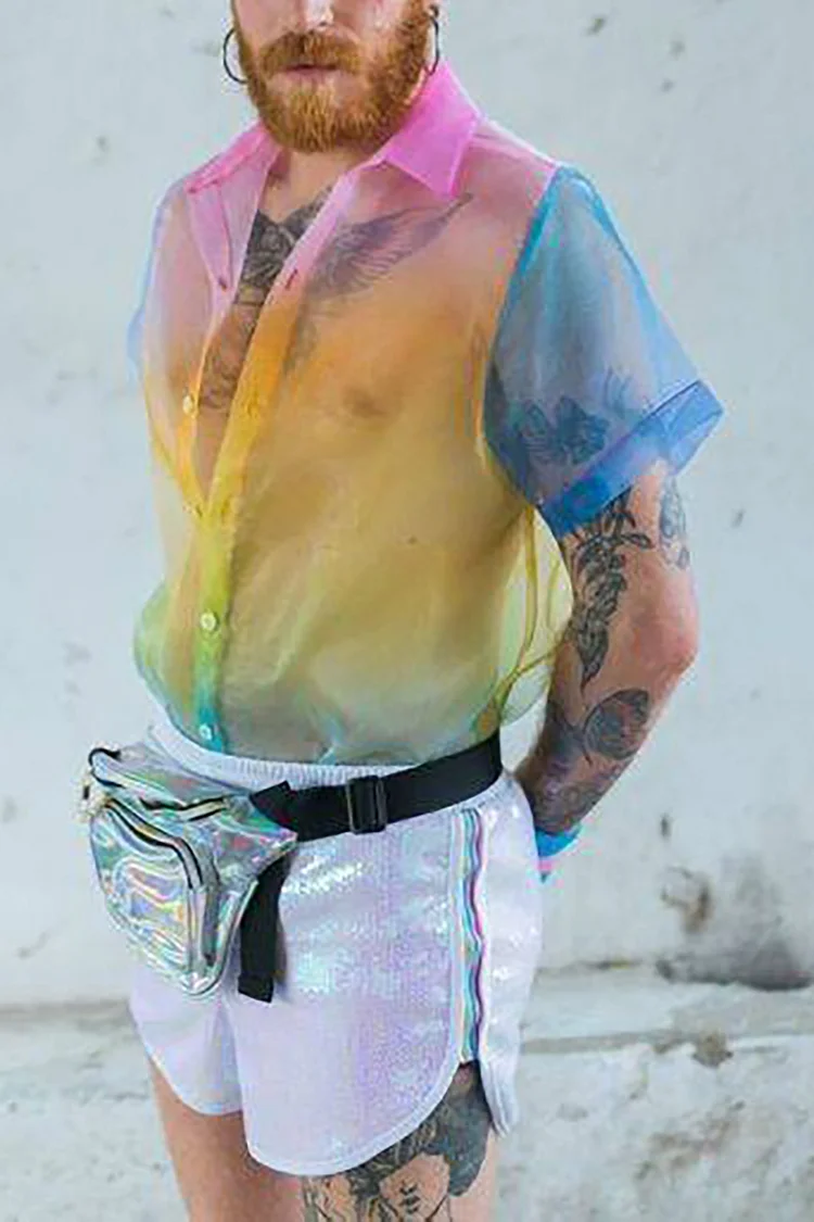 Men's Rainbow See Through Short Sleeve Shirt [Pre-Order]