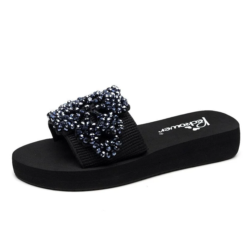 Women Slippers Summer Fashion Ladies Rhinestone Beaded Flat Bohemian Casual Sandals Breathable Beach Shoes Wedges Slippers hy463