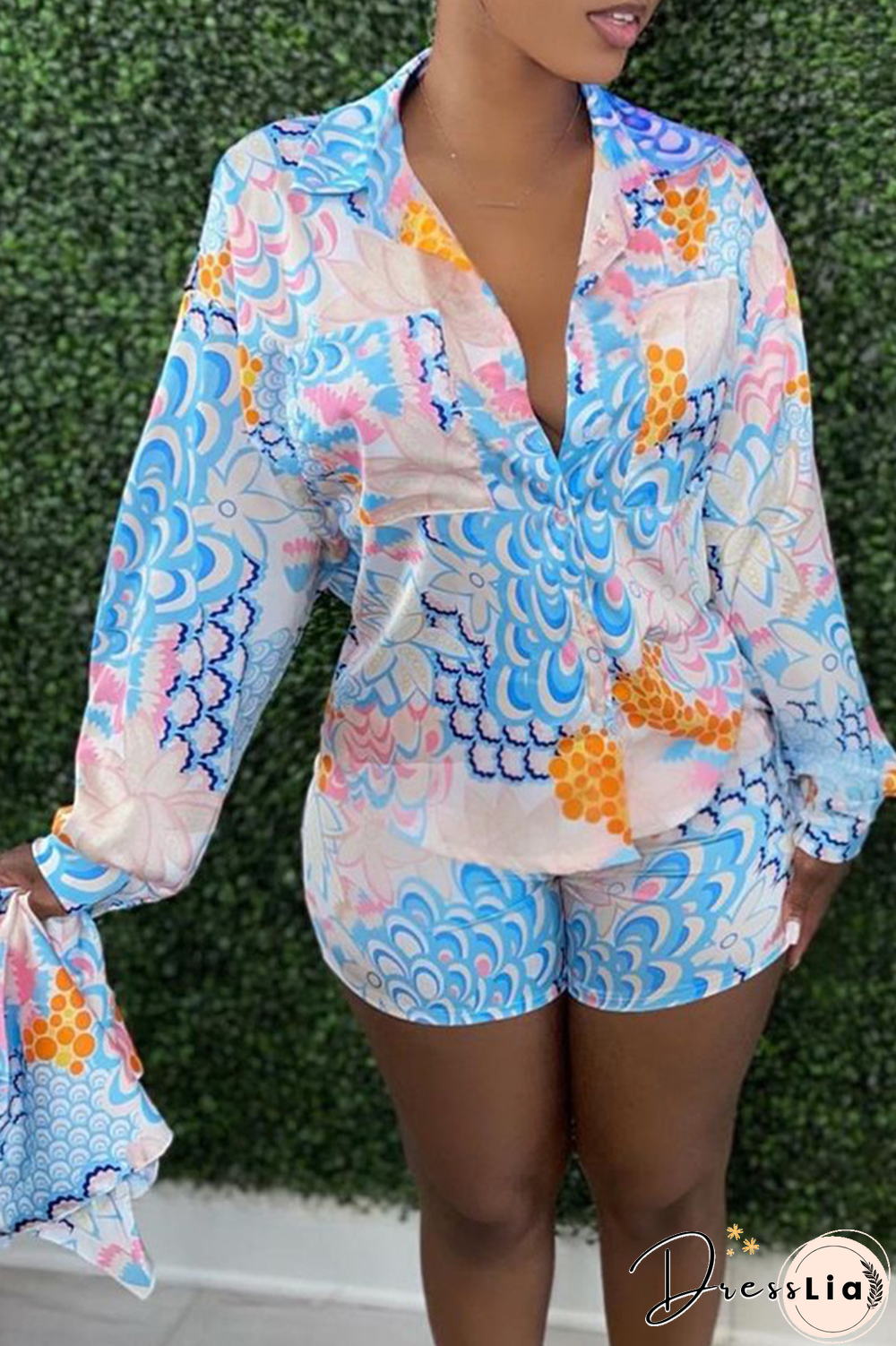 Casual Print Split Joint Turndown Collar Three Quarter Two Pieces